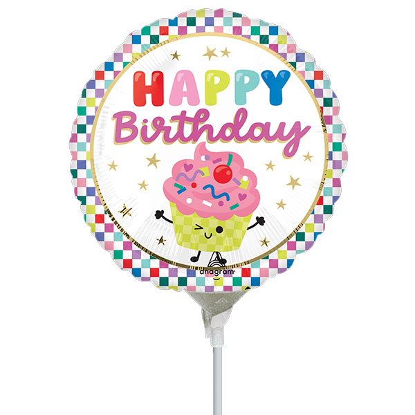 9" Happy Birthday Vibrant Cupcake Air Fill Foil Balloons