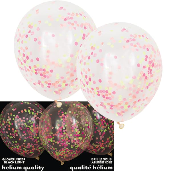 (image for) 12" Clear Latex Balloons With Neon Confetti 6pk