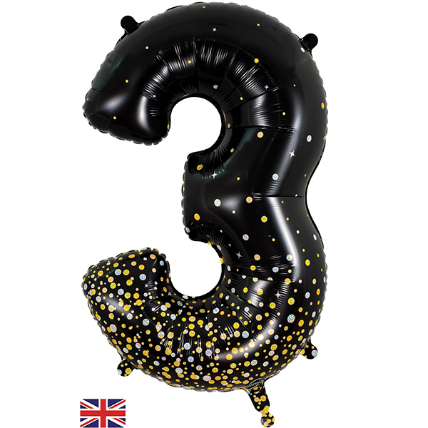 (image for) 34" Black & Gold Sparkling Fizz Number 3 Shape Balloons