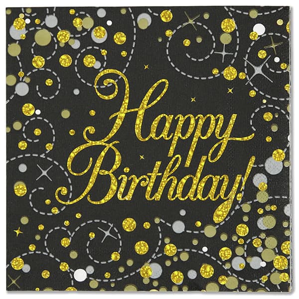 (image for) Happy Birthday Black Sparkling Fizz Lunch Napkins 16pk