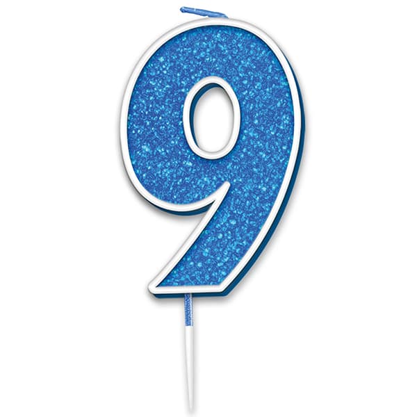 (image for) Blue & Silver Glitter Number 9 Candle Pick