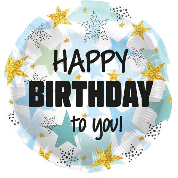 (image for) 18" Happy Birthday Stars Blue & Gold Foil Balloons