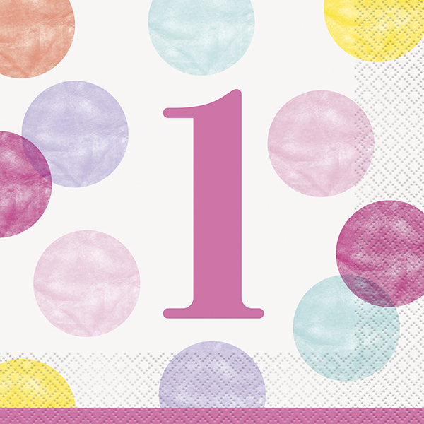 (image for) Pink Dots 1st Birthday Paper Napkins 16pk