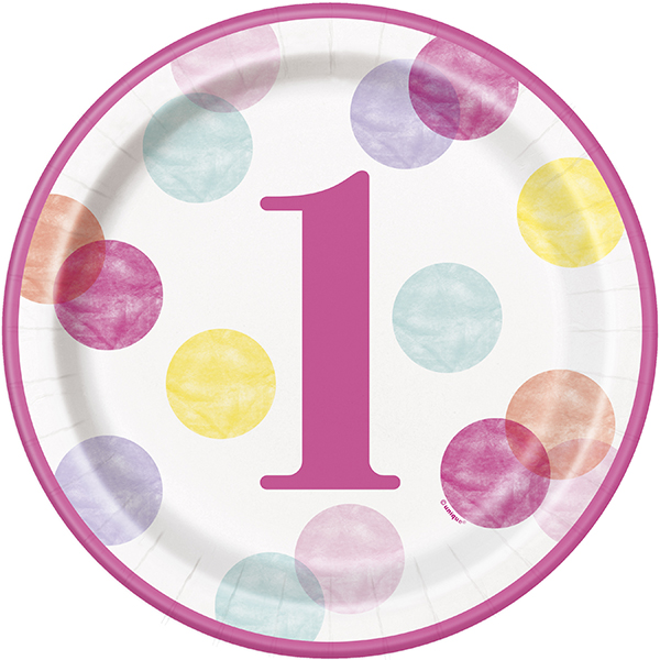 (image for) 9" Pink Dots 1st Birthday Paper Plates 8pk