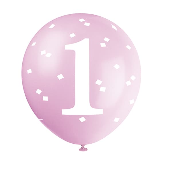 (image for) 12" 1st Birthday Pink Gingham Latex Balloons 5pk