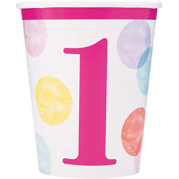 (image for) 9oz Pink Dots 1st Birthday Paper Cups 8pk