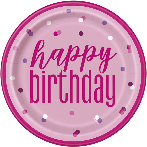 Happy Birthday Pink & Silver Glitz Dots Paper Plates 8pk