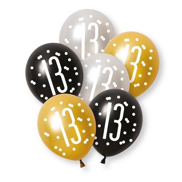 12" Black Glitz Age 13 Latex Balloons 6pk