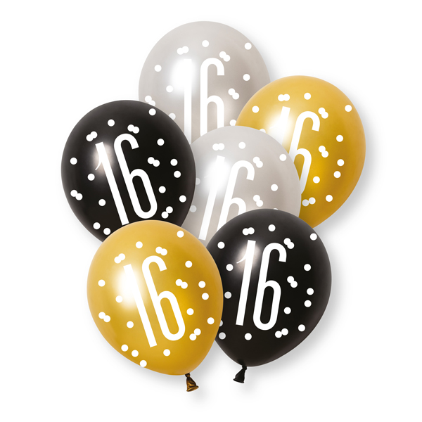 12" Black Glitz Age 16 Latex Balloons 6pk