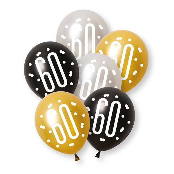 12" Black Glitz Age 60 Latex Balloons 6pk