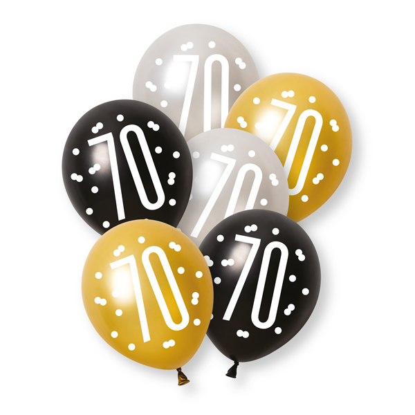 12" Black Glitz Age 70 Latex Balloons 6pk