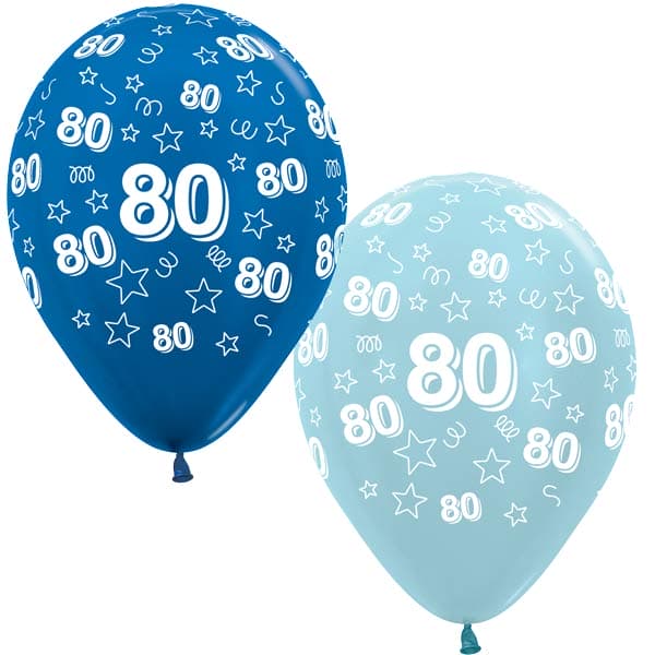 (image for) 12" 80th Birthday Blue Stars Latex Balloons 25pk