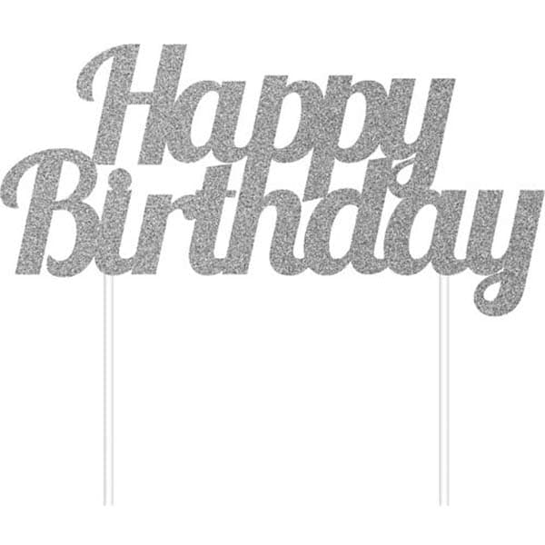 (image for) Silver Glitter Happy Birthday Cake Topper