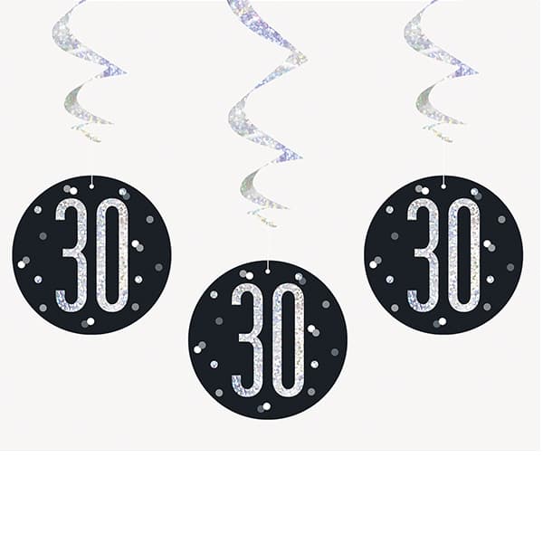 (image for) Black & Silver Glitz 30th Birthday Hanging Swirl Decorations