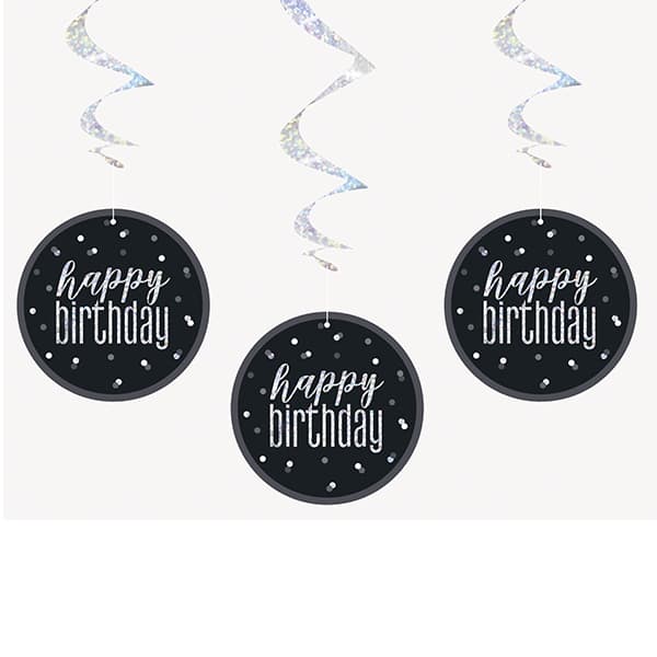 (image for) Black & Silver Glitz Happy Birthday Hanging Swirl Decorations