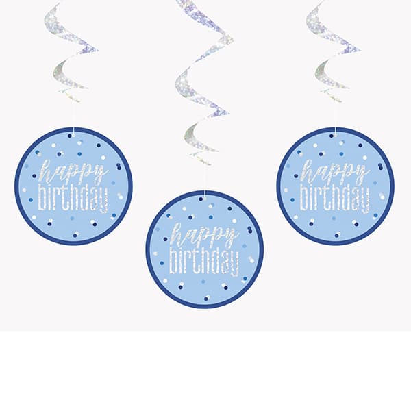 (image for) Blue & Silver Glitz Happy Birthday Hanging Swirl Decorations