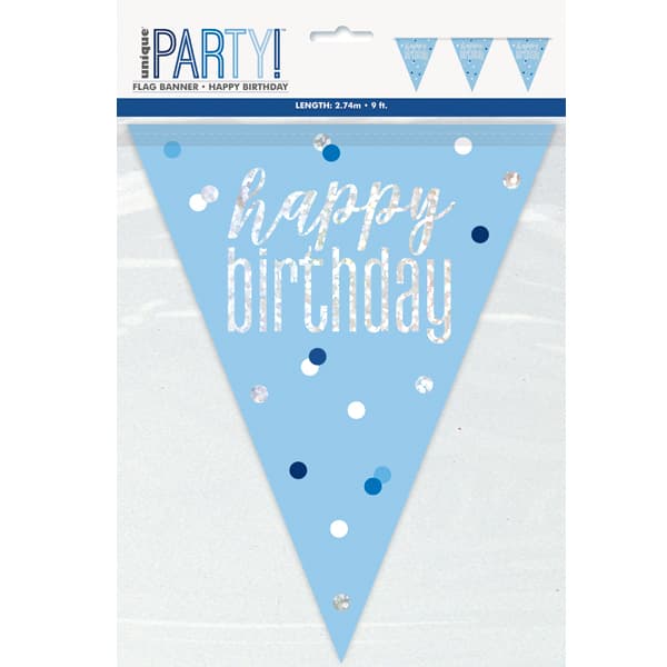 Blue & Silver Glitz Happy Birthday Flag Banner