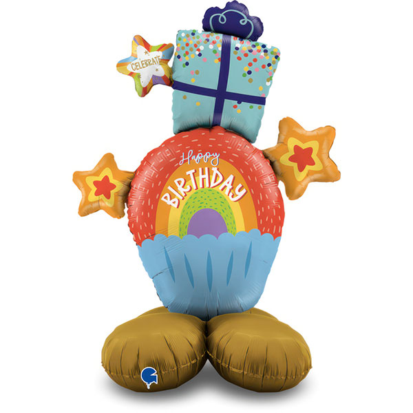 (image for) 47" Happy Birthday Rainbow Cupcake Stand Up Air Fill Balloons