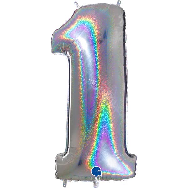 (image for) 40" Grabo Holographic Silver Glitter Number 1 Shape Balloons