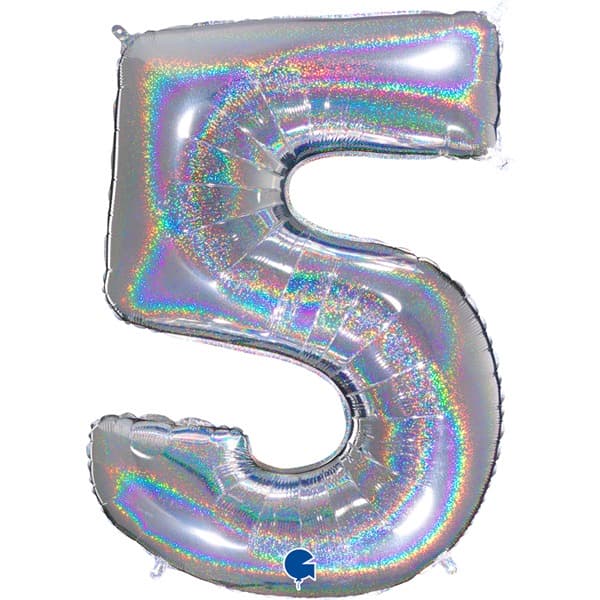 (image for) 40" Grabo Holographic Silver Glitter Number 5 Shape Balloons