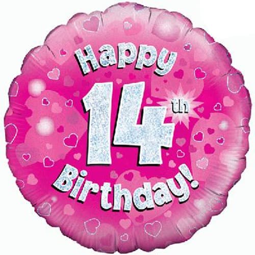 (image for) 18" Happy 14th Birthday Pink Holographic Balloons