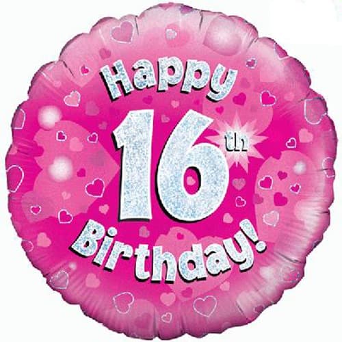 (image for) 18" Happy 16th Birthday Pink Holographic Balloons