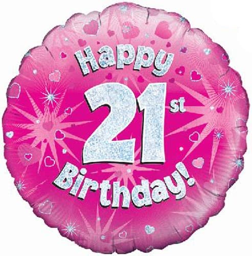 (image for) 18" Happy 21st Birthday Pink Holographic Balloons