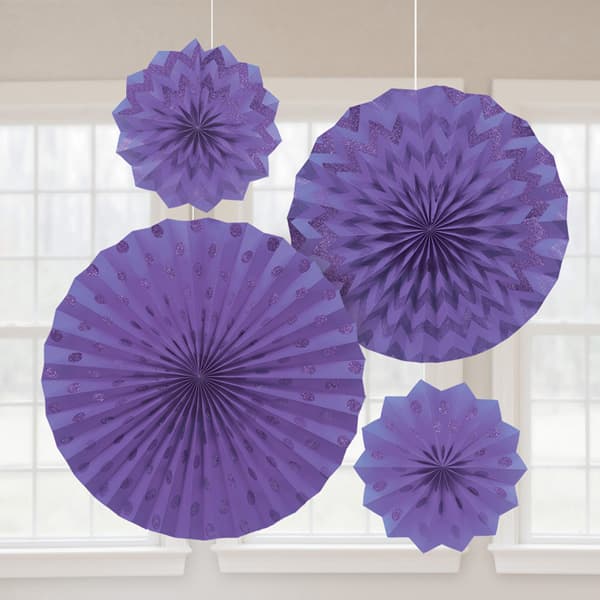 (image for) Purple Glitter Paper Fans 4pk