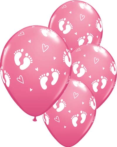 (image for) 11" Baby Footprints & Hearts Rose Latex Balloons 6pk