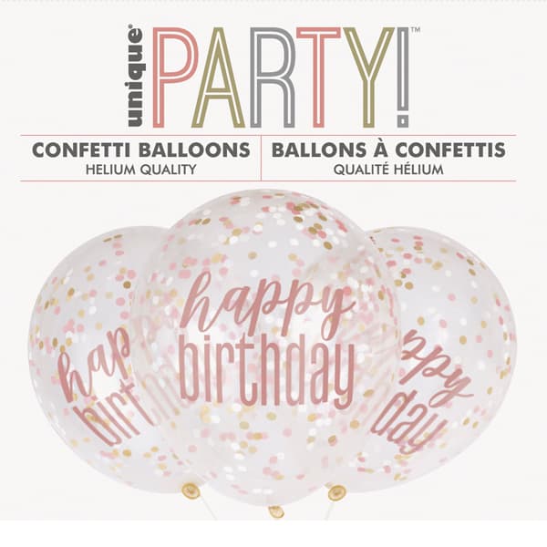 (image for) 12" Happy Birthday Rose Gold Clear Latex With Confetti 6pk