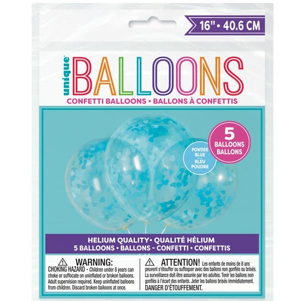 (image for) 16" Clear Latex Balloons With Blue Heart Confetti 5pk