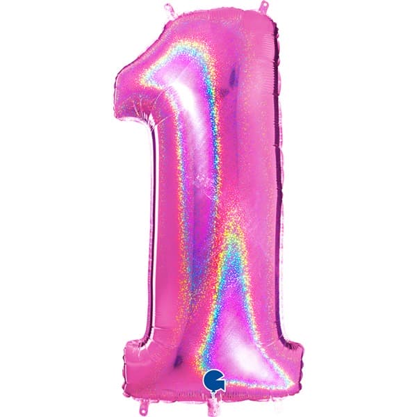 (image for) 40" Grabo Pink Holographic Glitter Number 1 Shape Balloons