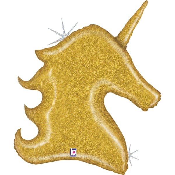 (image for) Gold Holographic Glitter Unicorn Head Shape Balloons